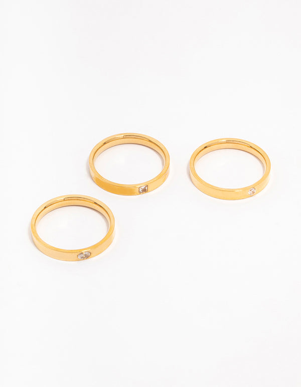 Presenting waterproof gold plated stainless steel cubic zirconia stacking rings in a 3-pack front view