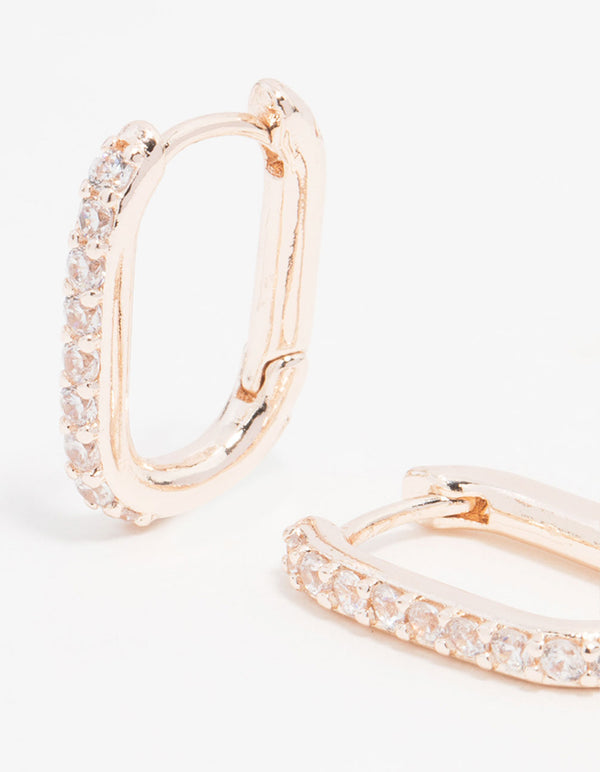 Rose Gold Plated Cubic Zirconia Pave Oval Hoop Earrings