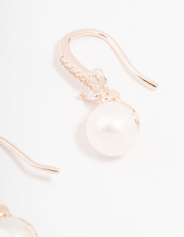 Rose Gold Plated Cubic Zirconia Pave Flower & Pearl Hook Earrings