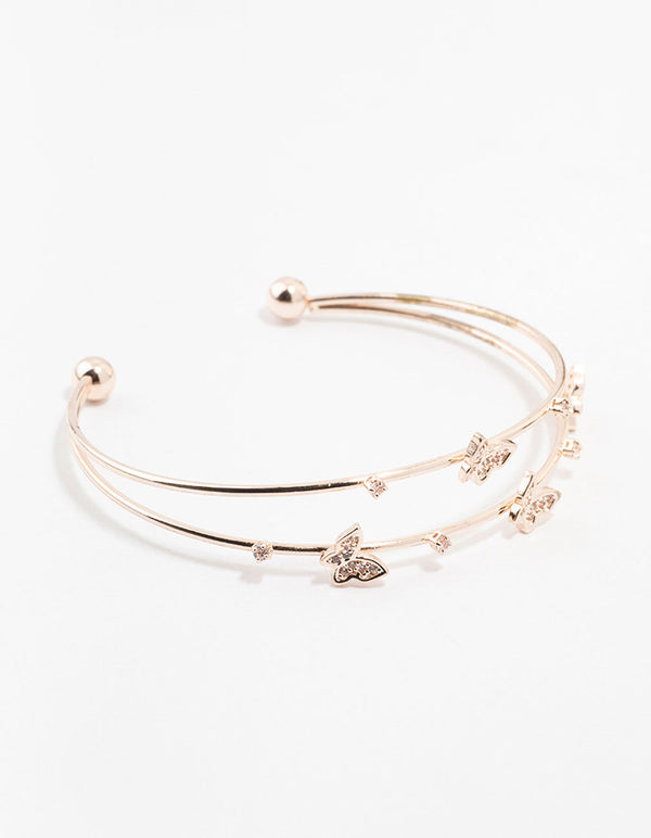 Rose Gold Plated Cubic Zirconia Double Row Butterfly Wrist Cuff