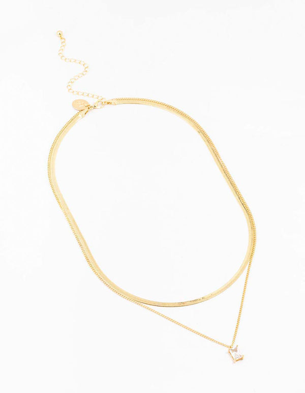 Gold Plated Baguette Snake Pendant Layered Necklace