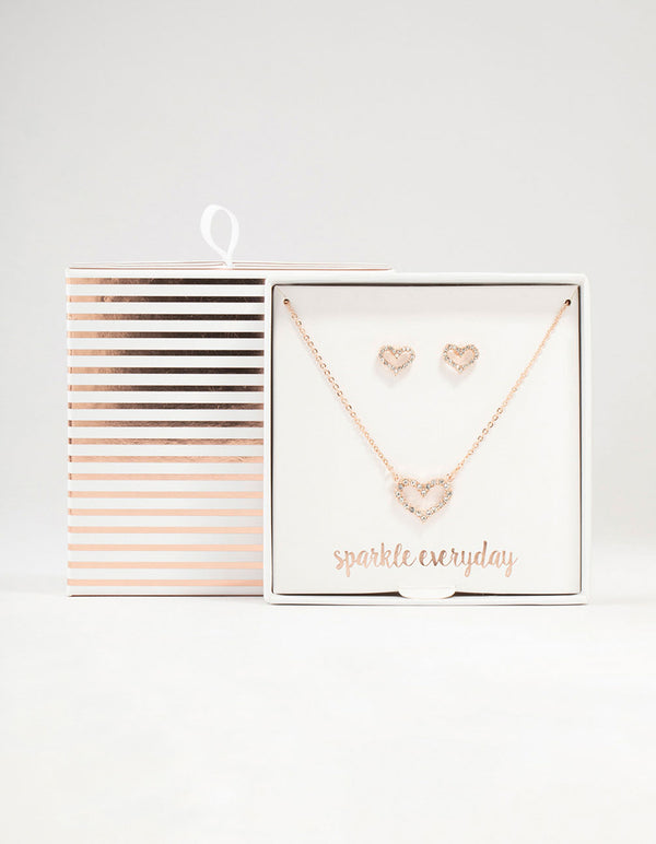 Rose Gold Open Diamante Heart Necklace & Stud Earrings