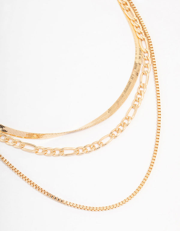 Gold Triple Row Snake Chain & Link Necklace