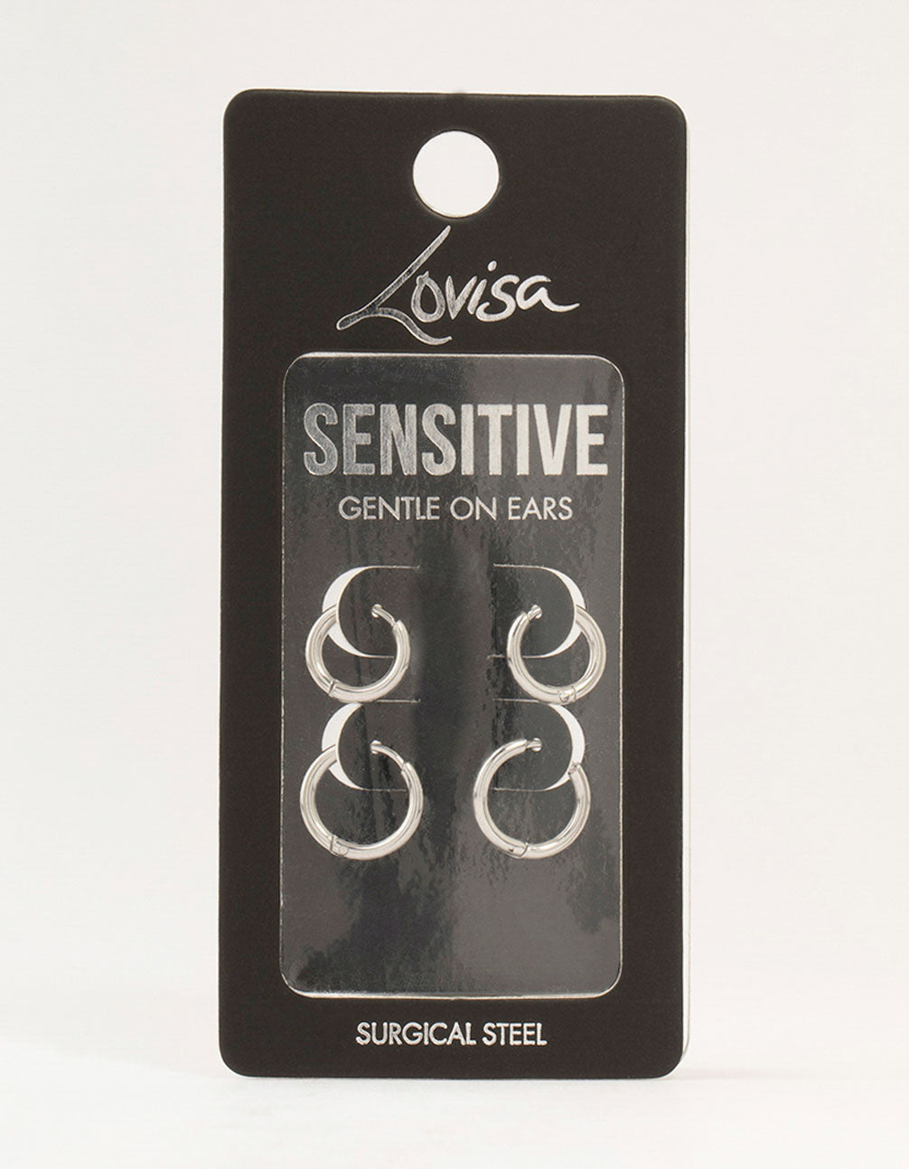 Showcasing surgical steel classic hoop earrings in a 2-pack with silver finish front view