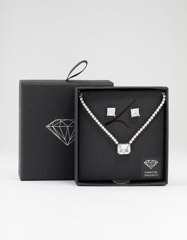 Square Silver Cubic Zirconia Necklace & Stud Earrings Pack