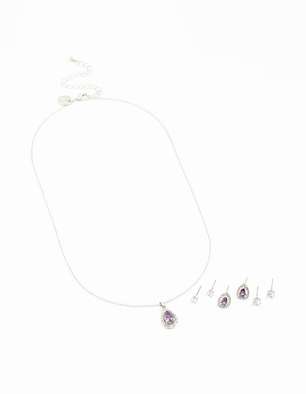 Silver Multiple Purple & Silver Pear Earring & Necklace Set