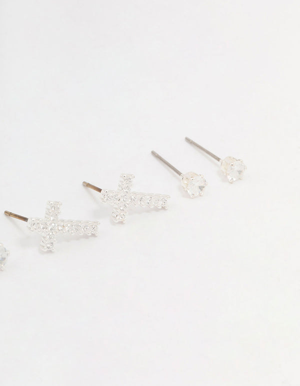 Silver Cubic Zirconia Multi Stud Earrings 3-Pack