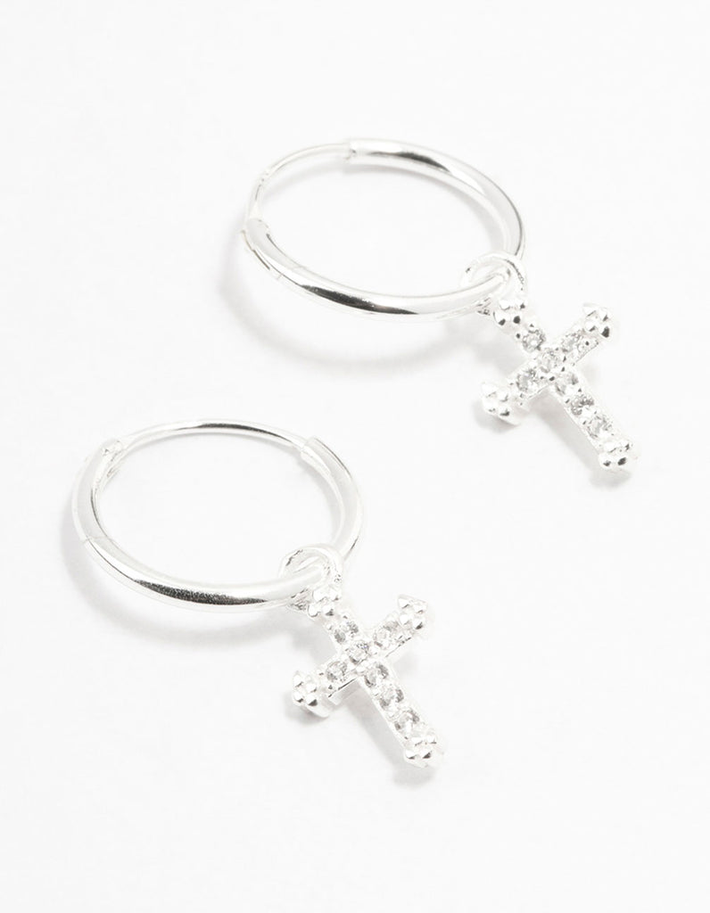 Sterling Silver Cubic Zirconia Cross Hoop Earrings - Lovisa