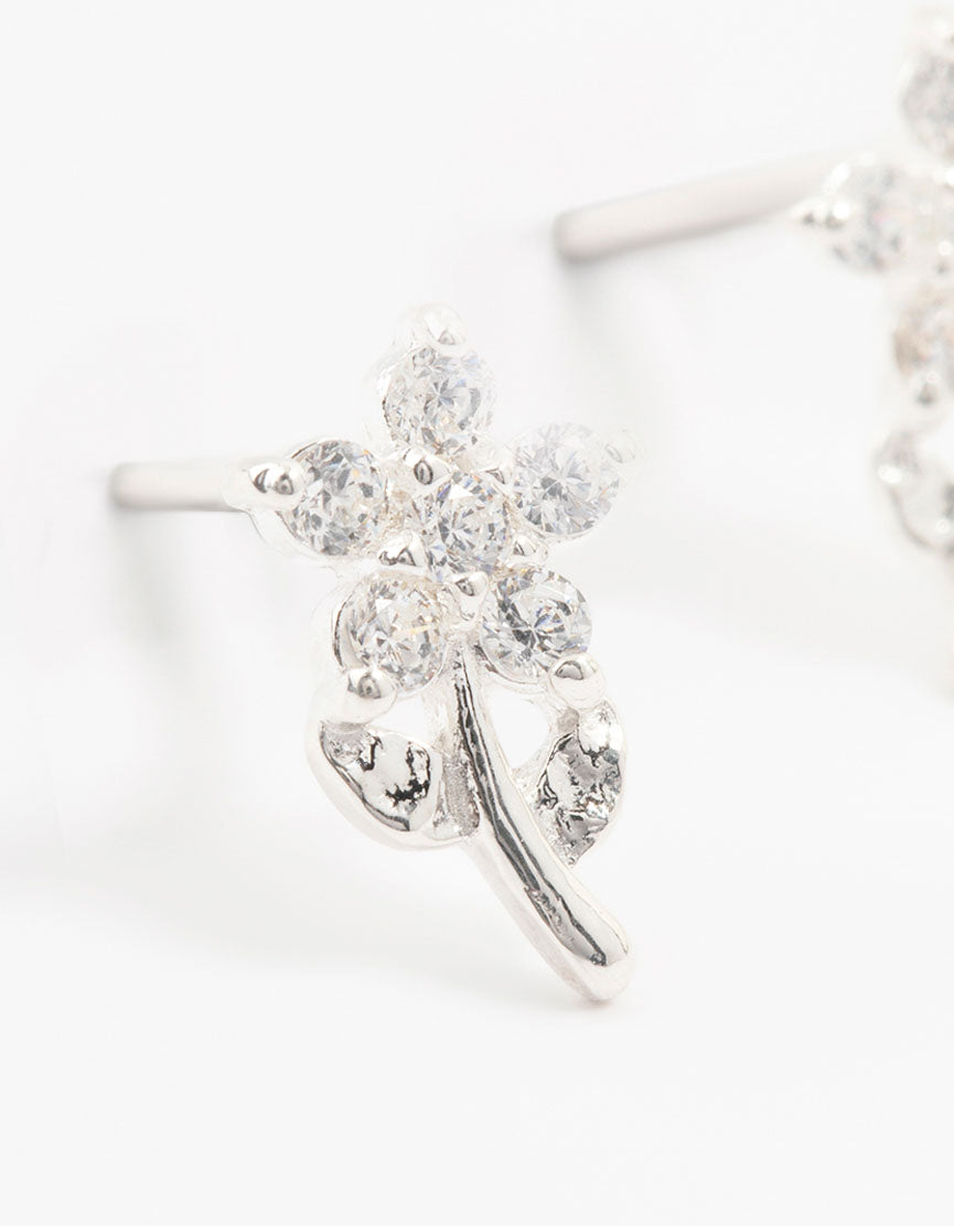 Sterling Silver Cubic Zirconia Flower Stem Earrings