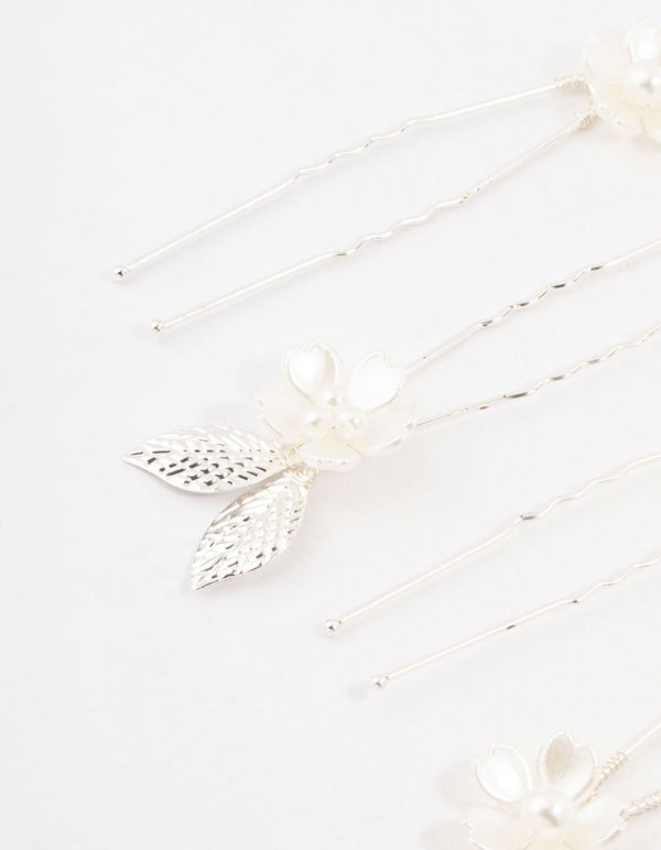 Silver Wire Flower & Pearl Bridal Hair Pins