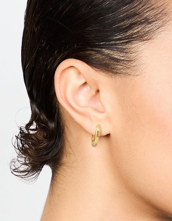 Featuring waterproof gold plated stainless steel core clicker chunky earrings with hoop closure in 16 MM on ear view