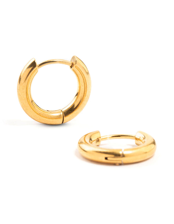 Showcasing waterproof gold plated stainless steel core chunky clicker earrings with hoop closure in 16 MM front view