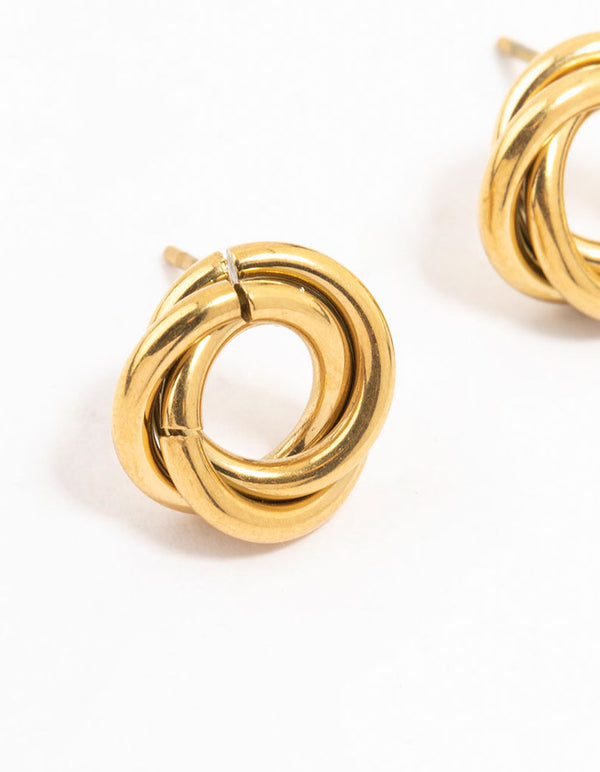 Featuring waterproof gold plated stainless steel knotted doughnut stud earrings close up view