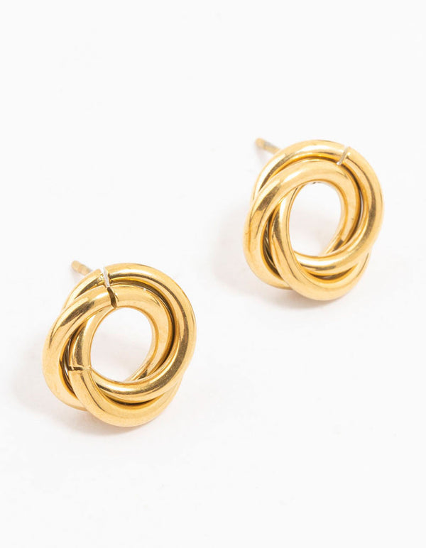 Showcasing waterproof gold plated stainless steel knotted doughnut stud earrings front view