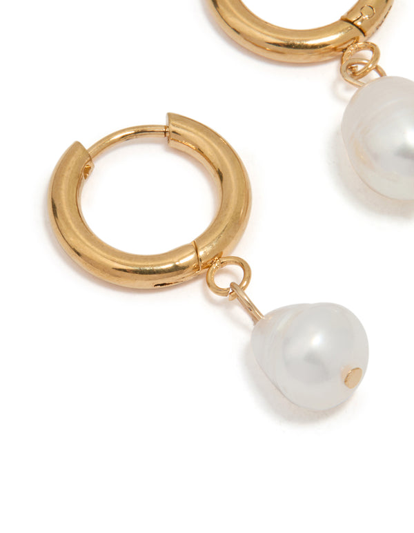 Waterproof Gold Plated Stainless Steel Freshwater Pearl Drop Huggie Earrings