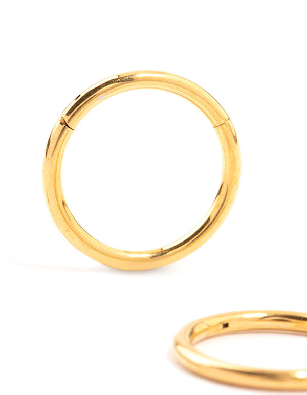 Crafted from waterproof gold plated stainless steel sleeper earrings in 10 MM with hoop closure close up view
