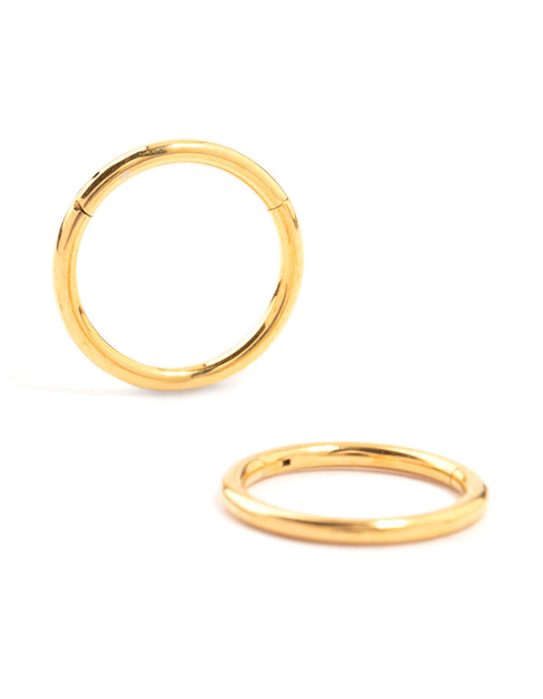 Featuring waterproof gold plated stainless steel sleeper earrings in 10 MM with hoop closure front view