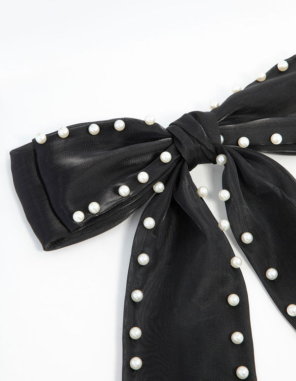 Pearl Black Fabric Organza Bow Clip