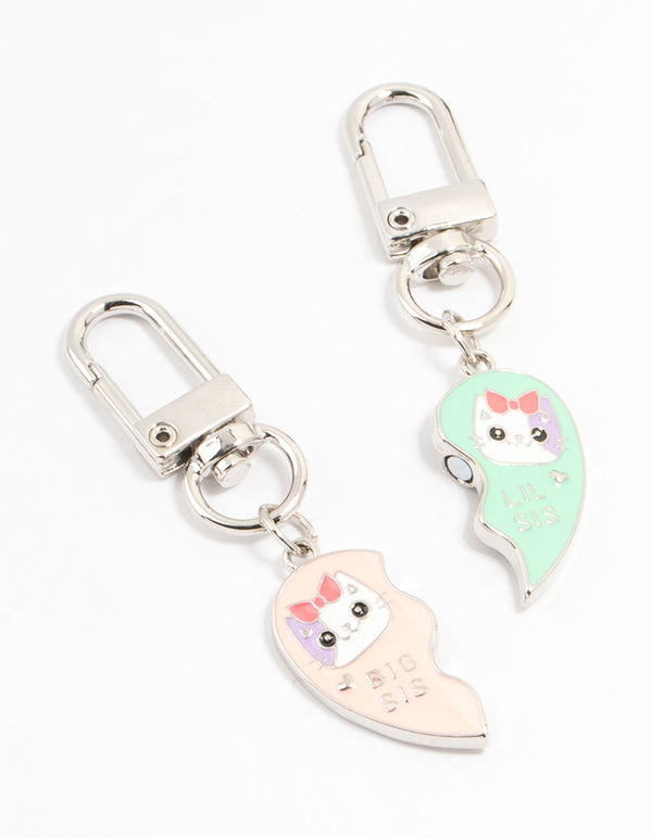 Kids Pink & Blue Sister Silver Keyrings