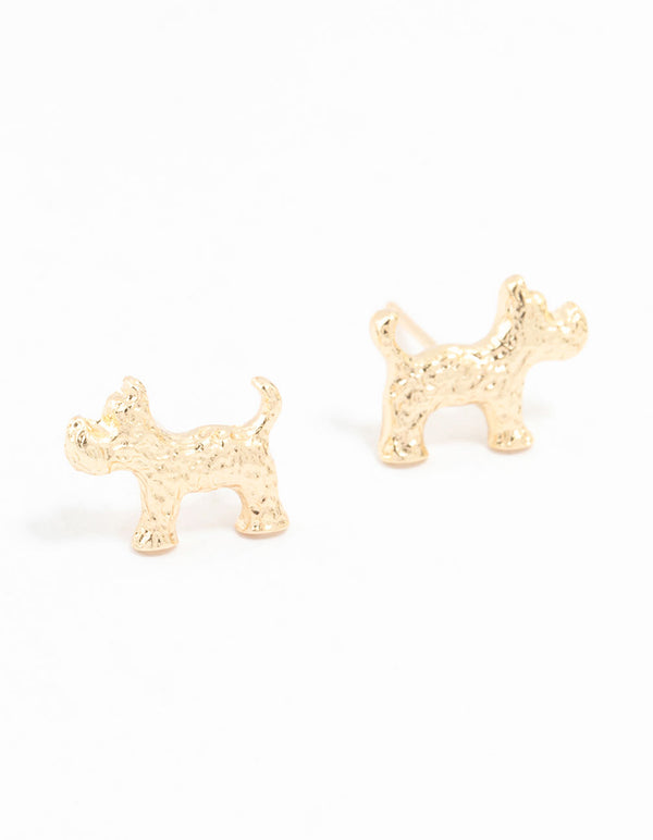Gold Hammered Dog Stud Earrings