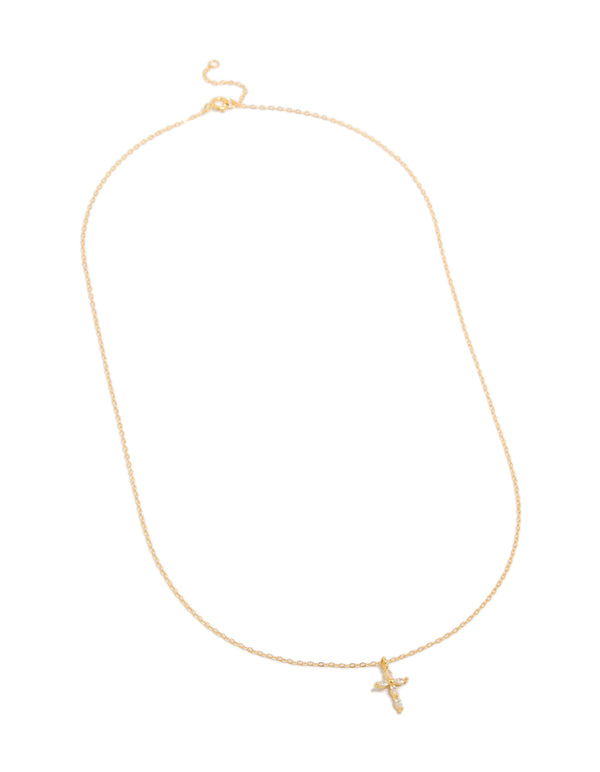 Featuring a gold plated sterling silver cubic zirconia cross necklace front view