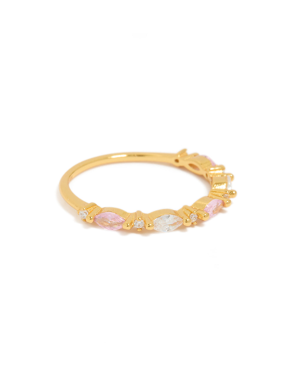 Showcasing a gold plated sterling silver ring featuring alternating marquise and round cubic zirconia in light pink and clear front view