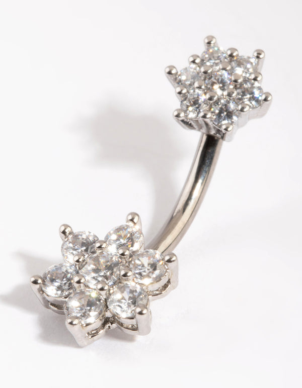 Titanium Double Flower Diamante Belly Ring
