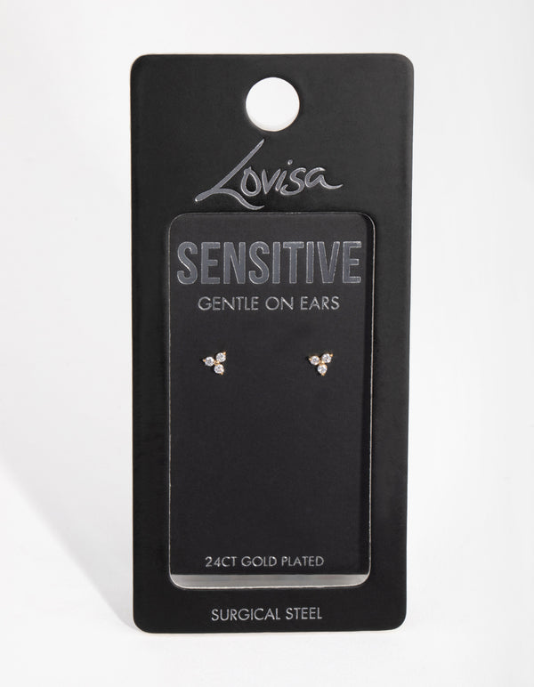 Gold Plated Surgical Steel Cubic Zirconia Trio Cluster Stud Earrings