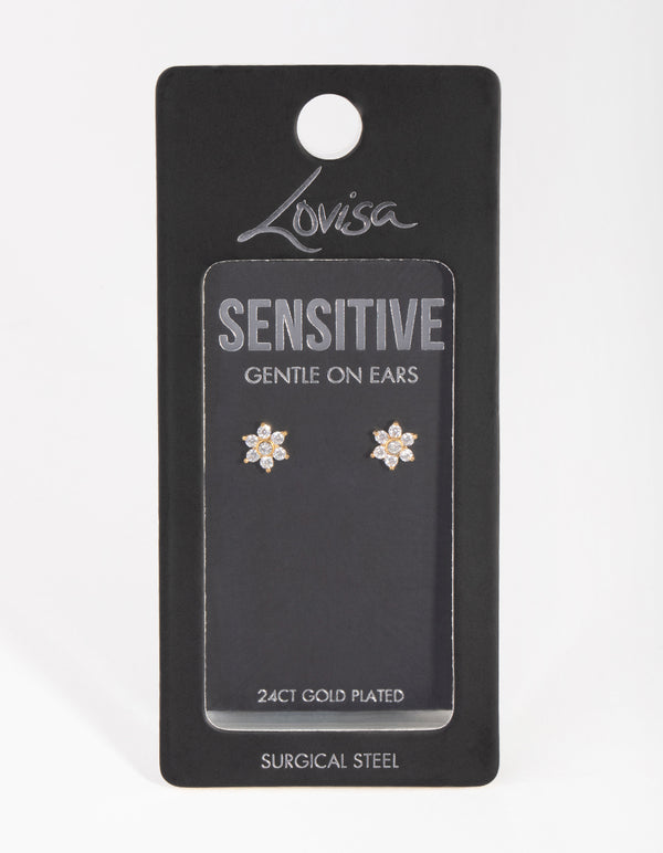 Gold Plated Surgical Steel Cubic Zirconia Flower Stud Earrings