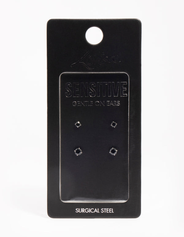 Surgical Steel Graduating Black Cubic Zirconia Stud Earrings 2-Pack