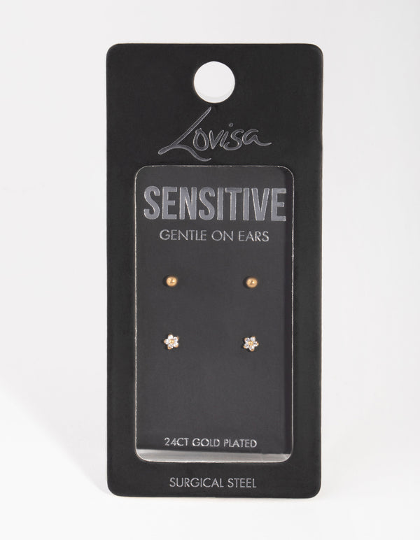 Gold Plated Surgical Steel Ball & Flower Stud Earrings 2-Pack