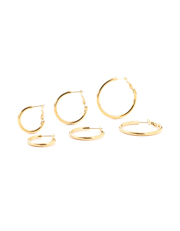 Waterproof Gold Plated Stainless Steel Large Basic Hoop Earrings 3-Pack