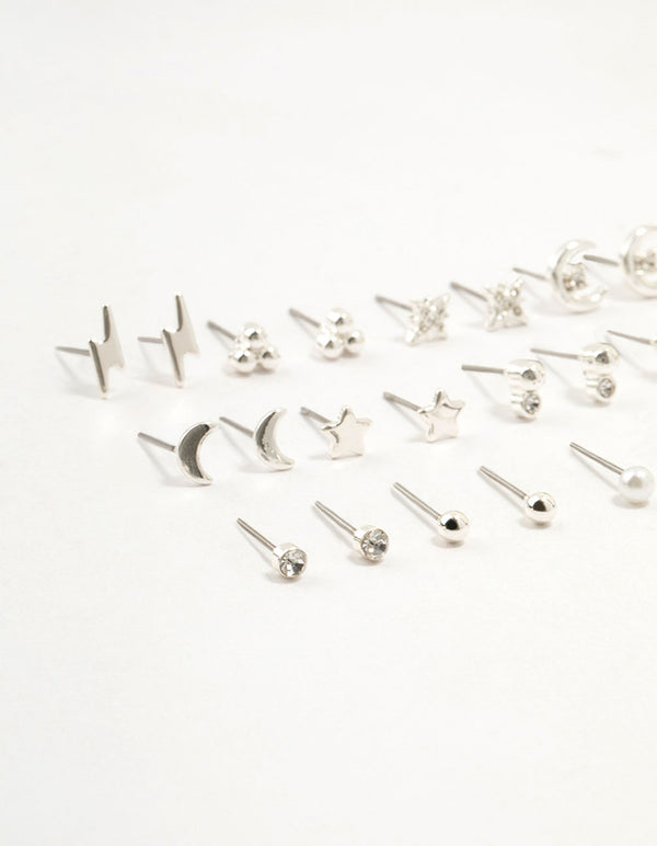 Silver Star & Moon Stud Earrings 12-Pack