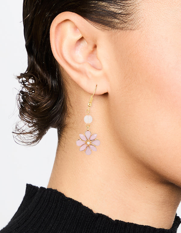 Gold & Pink Beaded Diamante Flower Drop Earrings
