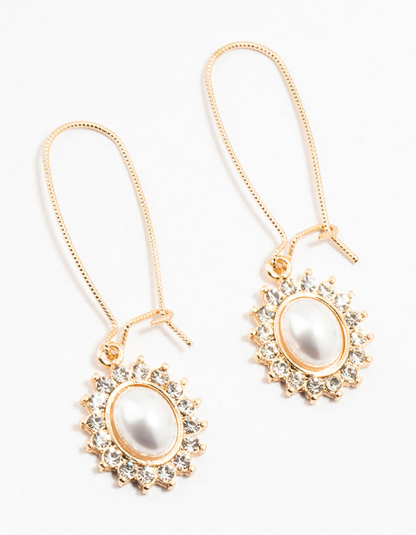 Gold Pearl & Flower Fish Hook Hoop Earrings