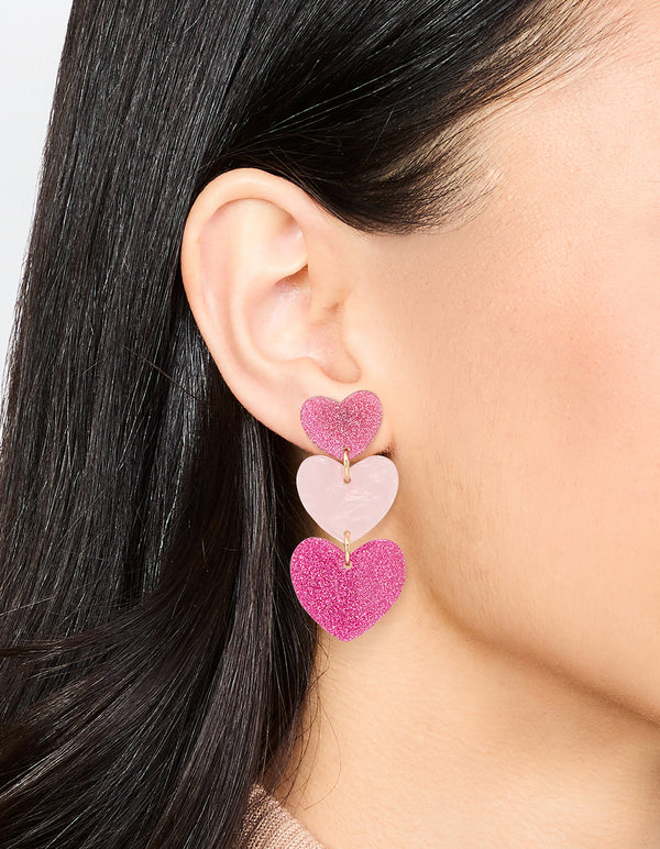 Triple Pink Acrylic Glitter Heart Drop Earrings