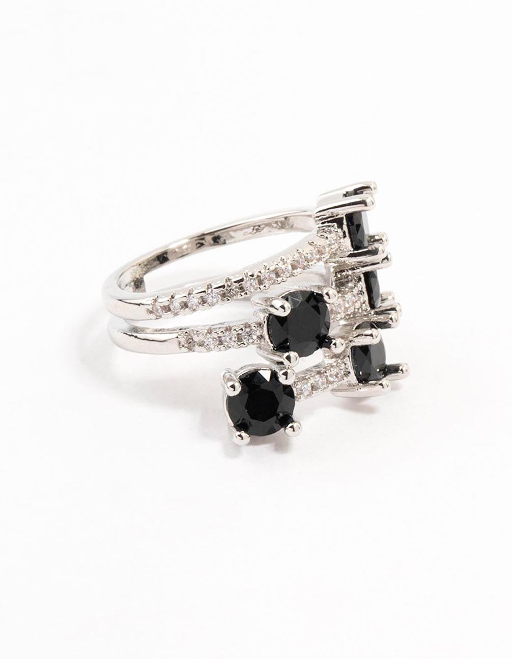 Silver Black 3 Row Round Cubic Zirconia Ring