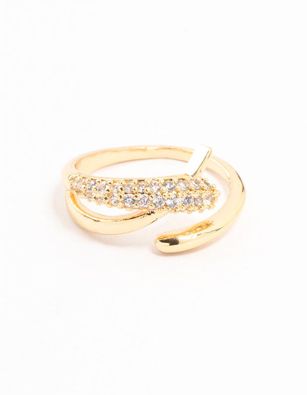 Elegantly designed gold plated cubic zirconia criss cross ring close up view