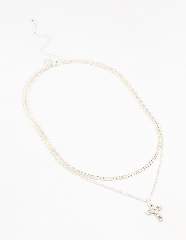 Silver Plated Diamante Cross Layered Curbchain Necklace