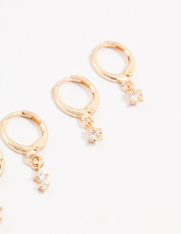 Gold Dainty & Round Cubic Zirconia Hoop Earrings 3-Pack