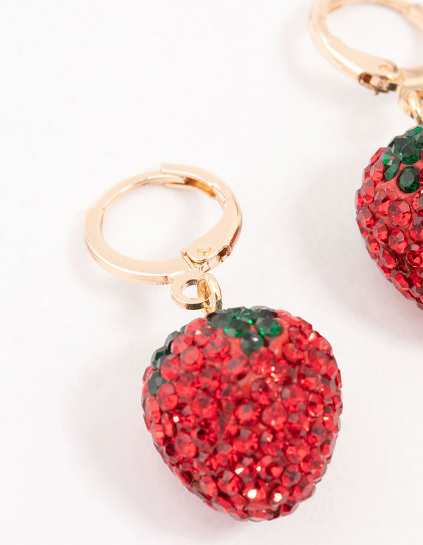 Strawberry Diamante Gold Huggie Earrings