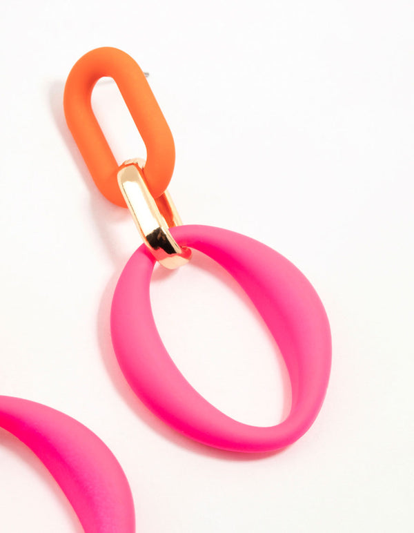 Pink & Orange Coated Metal Link Drop Earrings