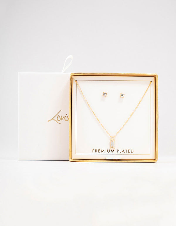 Gold Plated Baguette Necklace & Stud Earrings Set