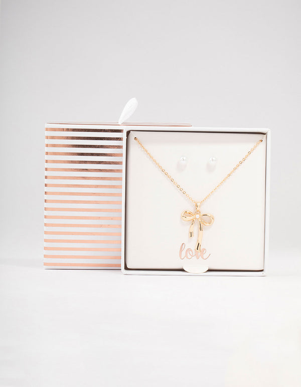 Gold Pearl Bow Necklace & Stud Earrings Set