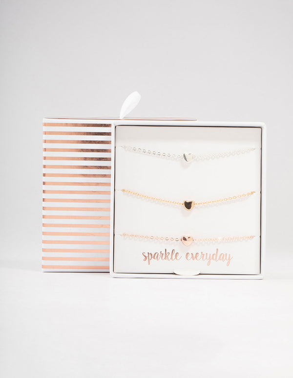 Mixed Metals Solid Heart Bracelets 3-Pack