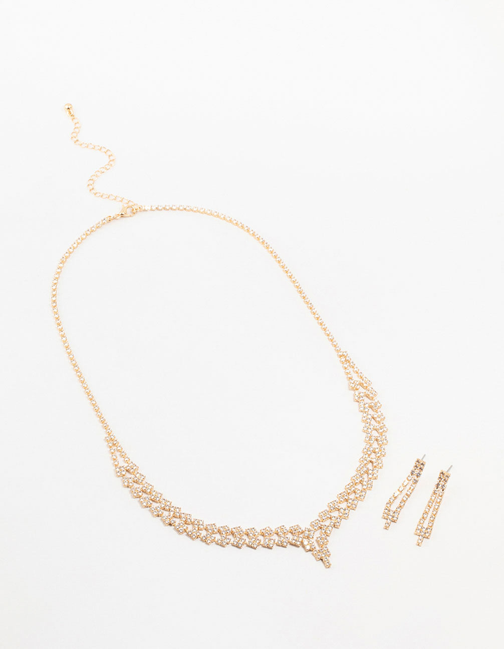 Gold Cubic Zirconia 2 Row Necklace and Earrings Set