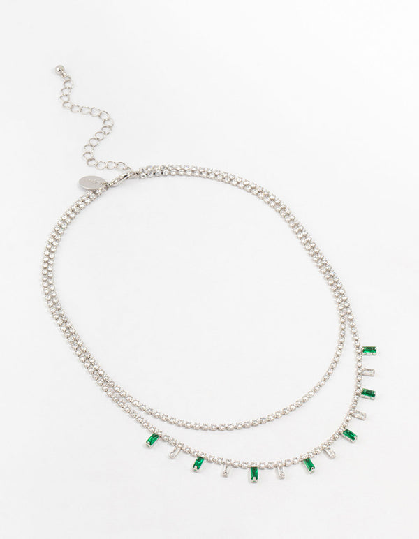 Silver Baguette Green & Silver Cubic Zirconia Stones Layered Necklace