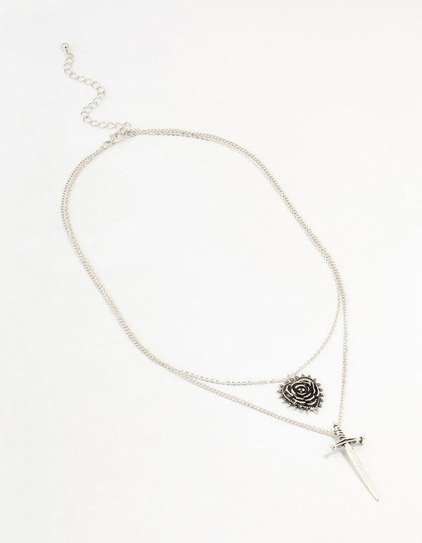 Antique Silver Dagger & Heart Layered Necklace