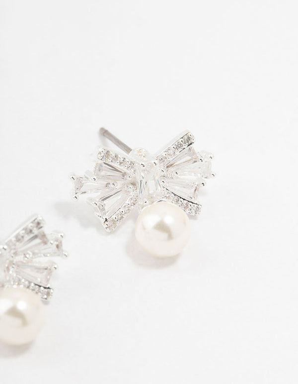 Small Cubic Zirconia Bow & Pearl Silver Stud Earrings