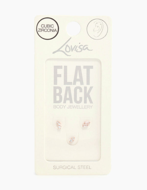 Rose Gold Plated Surgical Steel Pink Cubic Zirconia Flat Backs 3-Pack